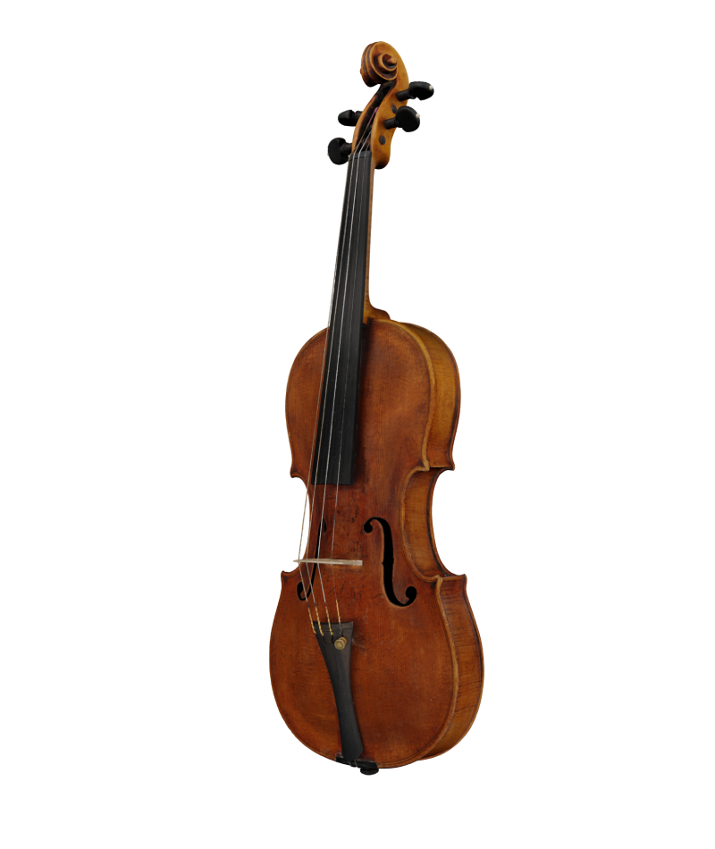 Liuteria Nova modellazione 3D violino anonimo Mittenwald vista immagine di tre quarti dettagli sfondo trasparente